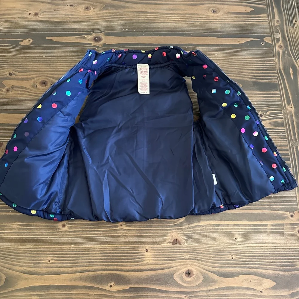 Girls Faded Glory Puffer Vest XS 4/5 Blue Multicolor Polka Dot Winter Layers